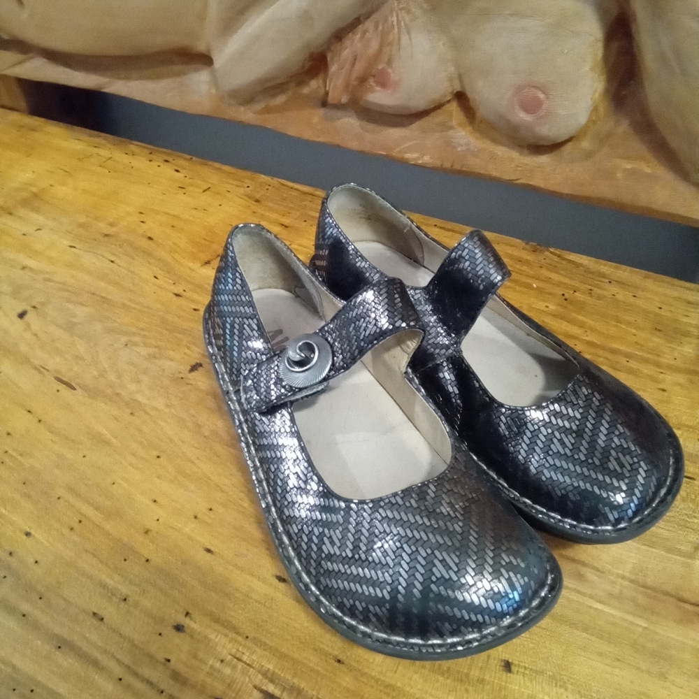 Alegria Metallic Black Woven Mary Jane Mules - Picture 2 of 11